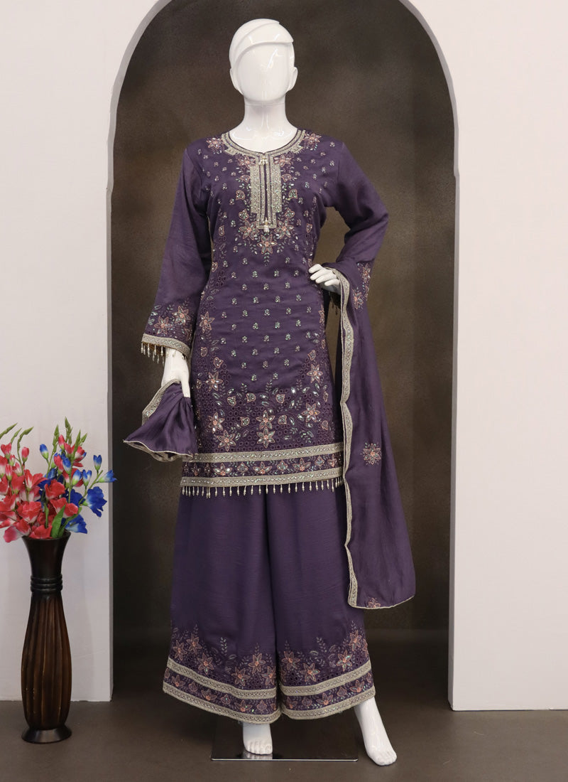 Vegaa Fashion Violet Vichitra Silk Embroidered Palazzo Suit | Grocsy