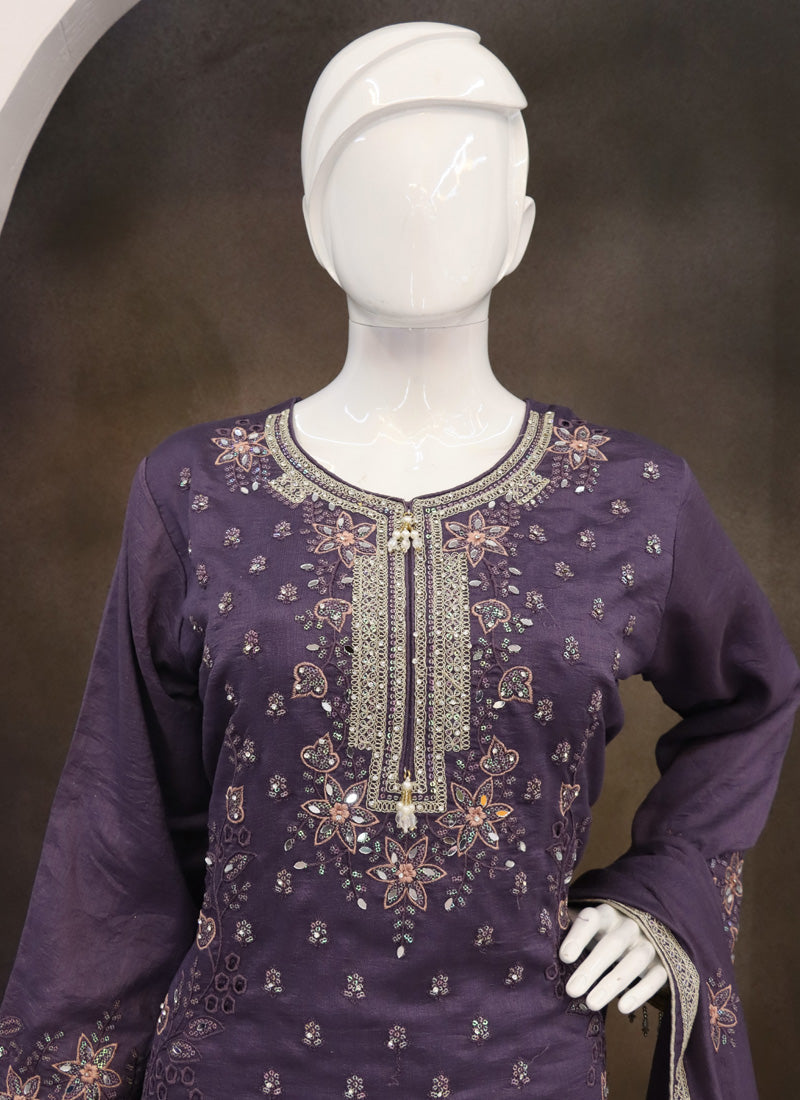 Vegaa Fashion Violet Vichitra Silk Embroidered Palazzo Suit | Grocsy