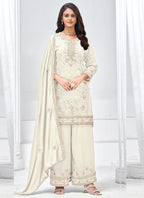 Vegaa Fashion Off White Vichitra Silk Embroidered Palazzo Suit | Grocsy