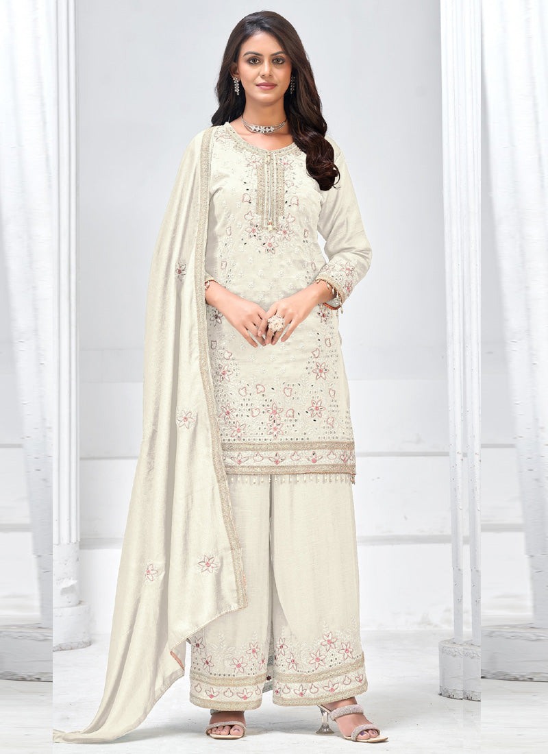 Vegaa Fashion Off White Vichitra Silk Embroidered Palazzo Suit | Grocsy