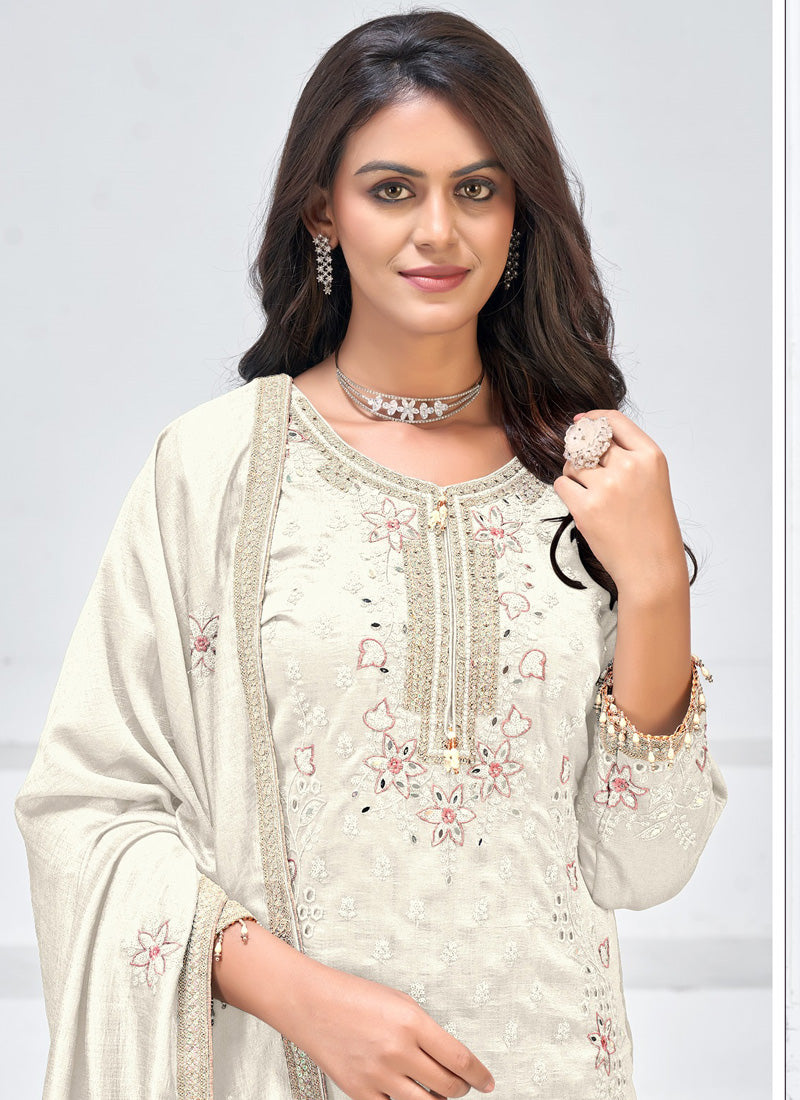 Vegaa Fashion Off White Vichitra Silk Embroidered Palazzo Suit | Grocsy