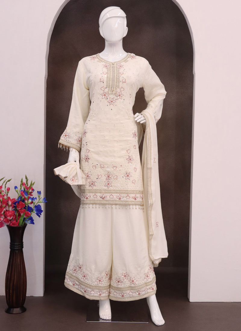 Vegaa Fashion Off White Vichitra Silk Embroidered Palazzo Suit | Grocsy