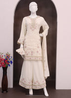 Vegaa Fashion Off White Vichitra Silk Embroidered Palazzo Suit | Grocsy