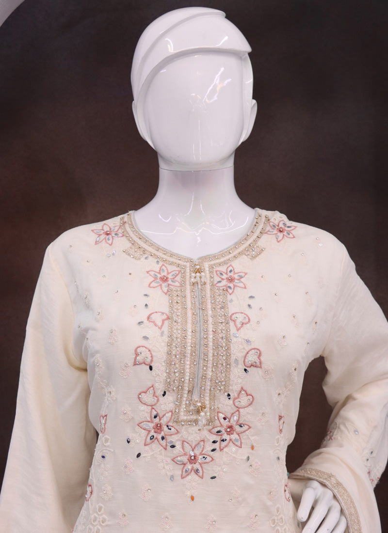 Vegaa Fashion Off White Vichitra Silk Embroidered Palazzo Suit | Grocsy