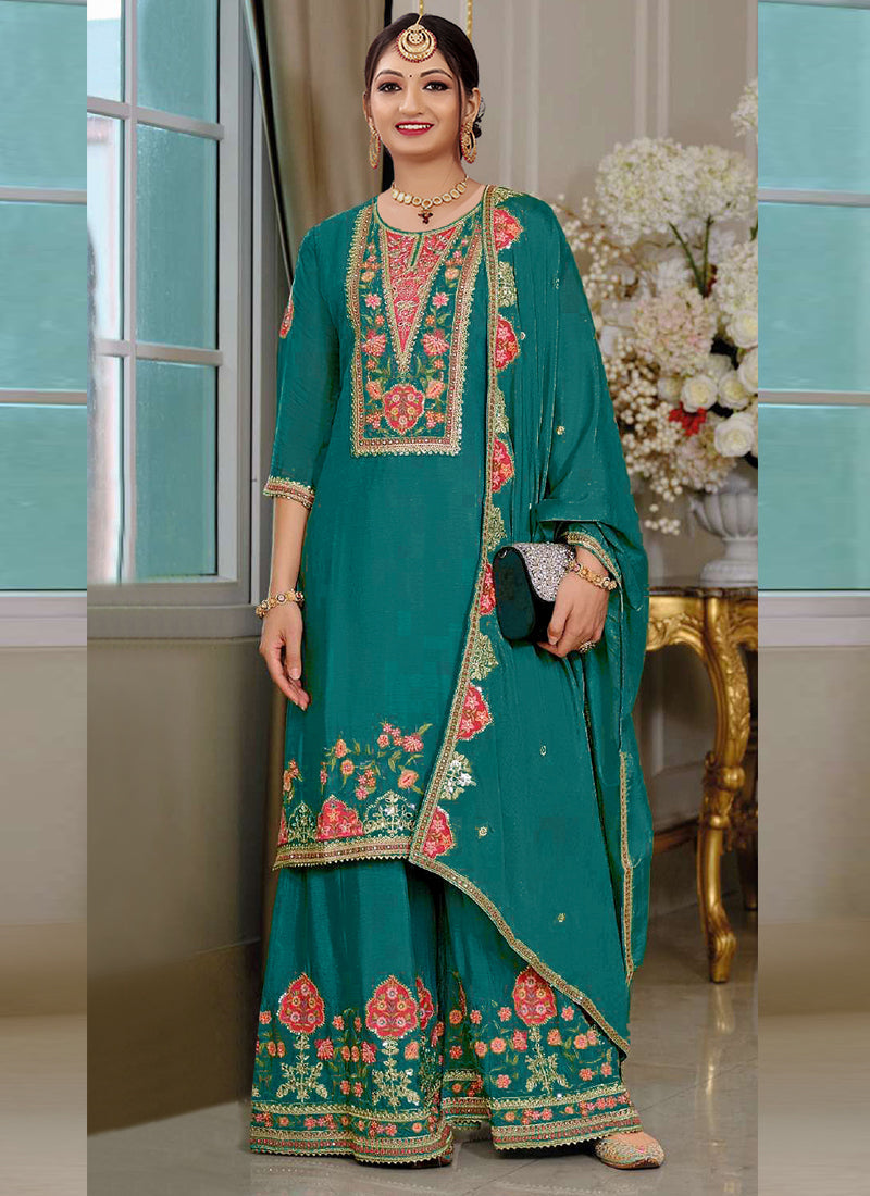 Vegaa Fashion Rama Green Chinon Silk Embroidered Designer Palazzo Suit | Grocsy