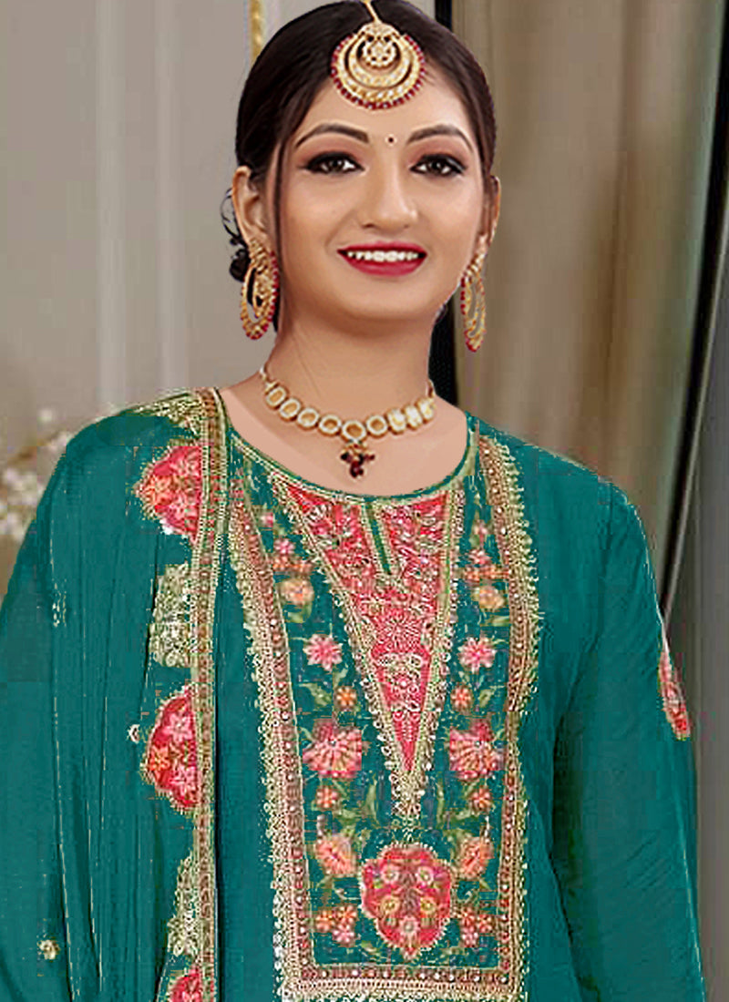 Vegaa Fashion Rama Green Chinon Silk Embroidered Designer Palazzo Suit | Grocsy