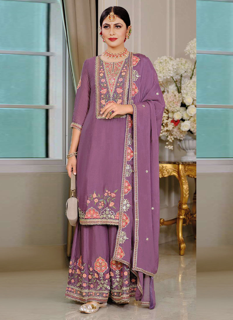 Vegaa Fashion Onion Pink Chinon Silk Embroidered Designer Palazzo Suit | Grocsy