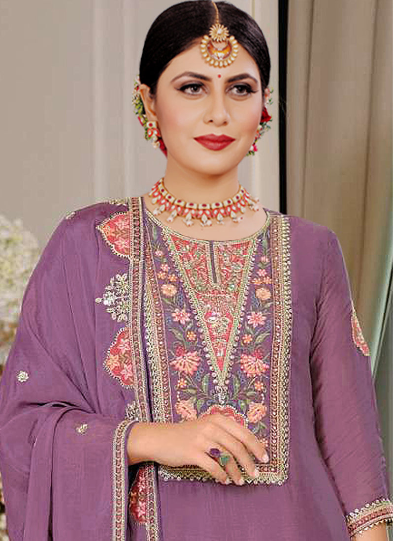 Vegaa Fashion Onion Pink Chinon Silk Embroidered Designer Palazzo Suit | Grocsy