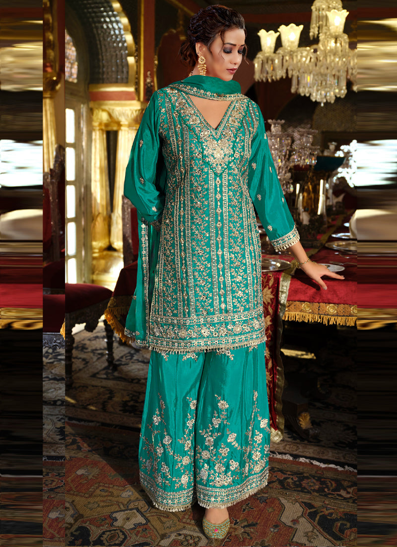 Vegaa Fashion Turquoise Chinon Silk Embroidered Designer Palazzo Suit | Grocsy