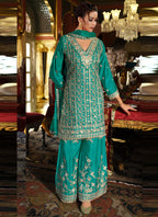 Vegaa Fashion Turquoise Chinon Silk Embroidered Designer Palazzo Suit | Grocsy