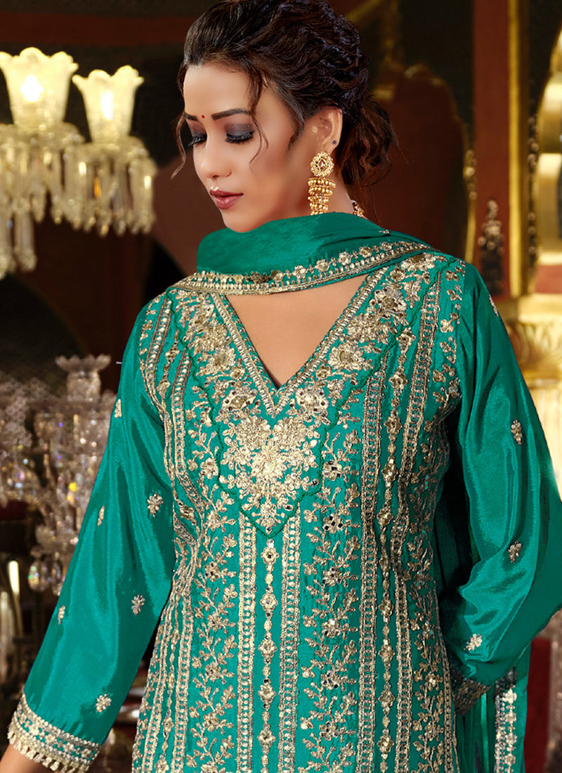 Vegaa Fashion Turquoise Chinon Silk Embroidered Designer Palazzo Suit | Grocsy