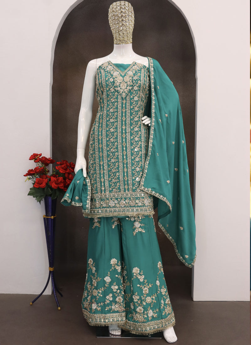 Vegaa Fashion Turquoise Chinon Silk Embroidered Designer Palazzo Suit | Grocsy