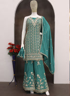 Vegaa Fashion Turquoise Chinon Silk Embroidered Designer Palazzo Suit | Grocsy