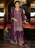 Vegaa Fashion Purple Chinon Silk Embroidered Designer Palazzo Suit | Grocsy