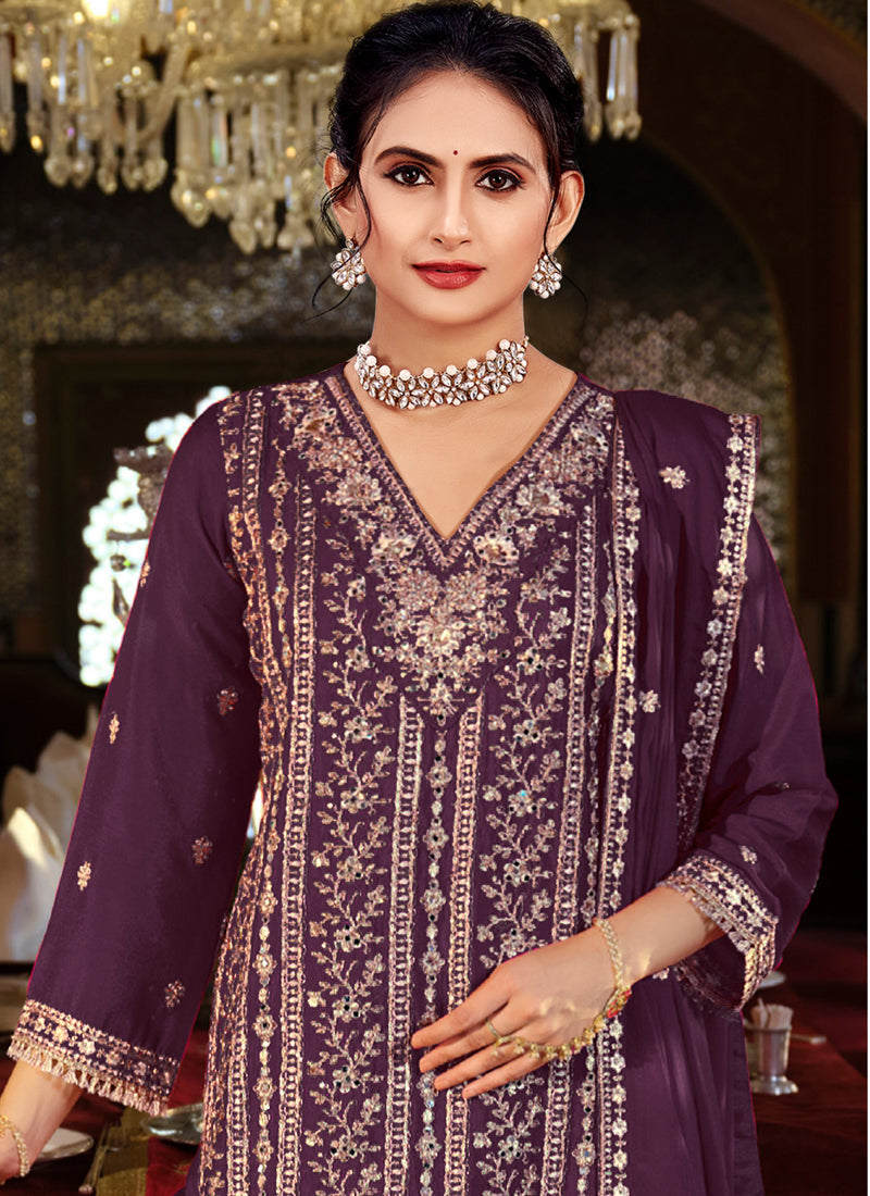 Vegaa Fashion Purple Chinon Silk Embroidered Designer Palazzo Suit | Grocsy