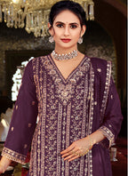 Vegaa Fashion Purple Chinon Silk Embroidered Designer Palazzo Suit | Grocsy