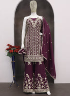 Vegaa Fashion Purple Chinon Silk Embroidered Designer Palazzo Suit | Grocsy