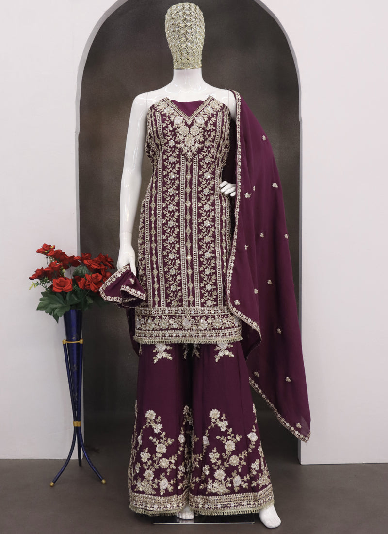 Vegaa Fashion Purple Chinon Silk Embroidered Designer Palazzo Suit | Grocsy