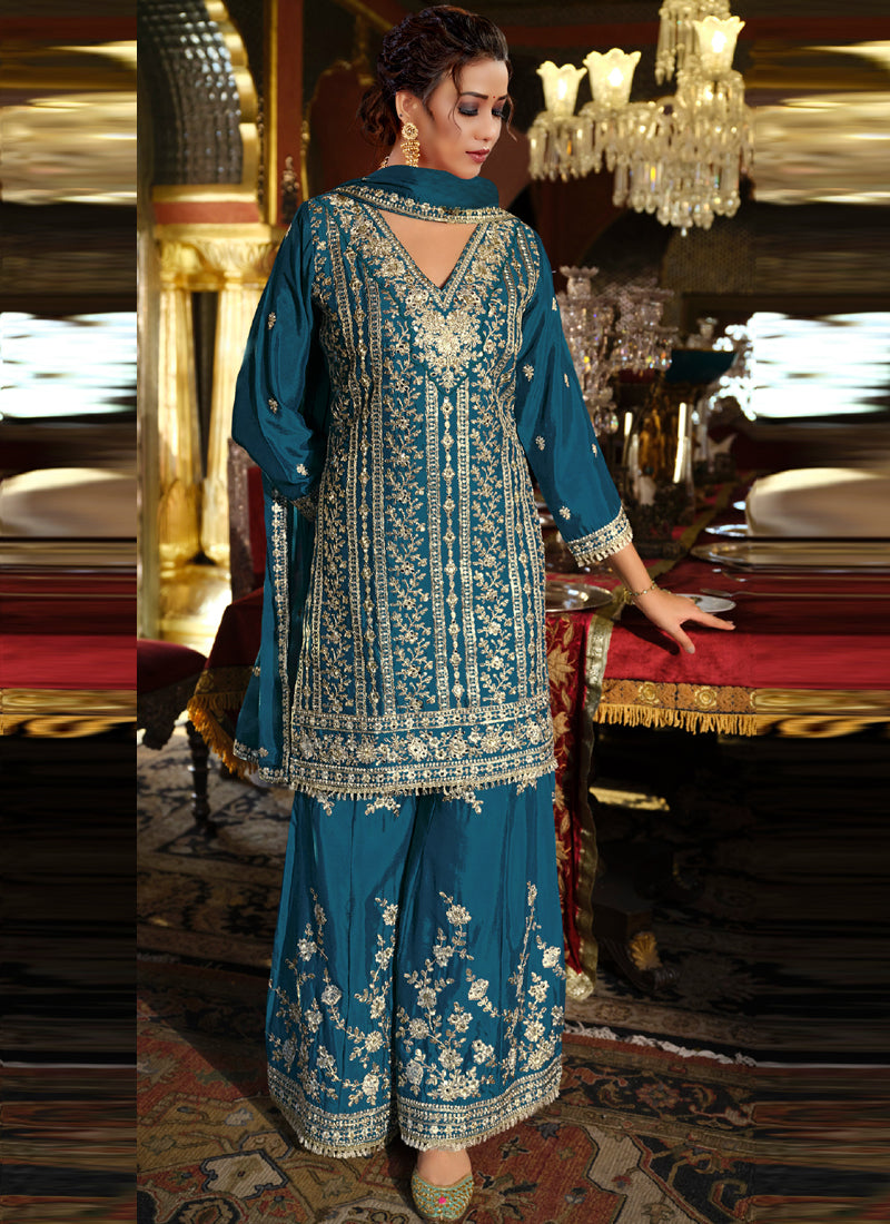 Vegaa Fashion Blue Chinon Silk Embroidered Designer Palazzo Suit | Grocsy