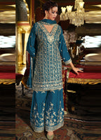 Vegaa Fashion Blue Chinon Silk Embroidered Designer Palazzo Suit | Grocsy