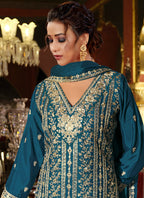 Vegaa Fashion Blue Chinon Silk Embroidered Designer Palazzo Suit | Grocsy