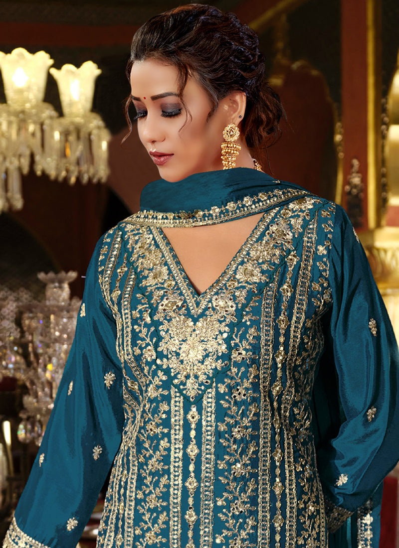 Vegaa Fashion Blue Chinon Silk Embroidered Designer Palazzo Suit | Grocsy