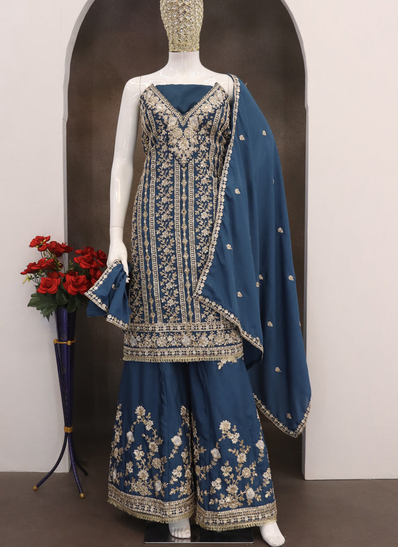 Vegaa Fashion Blue Chinon Silk Embroidered Designer Palazzo Suit | Grocsy