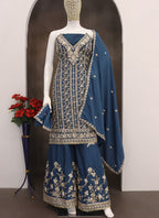 Vegaa Fashion Blue Chinon Silk Embroidered Designer Palazzo Suit | Grocsy