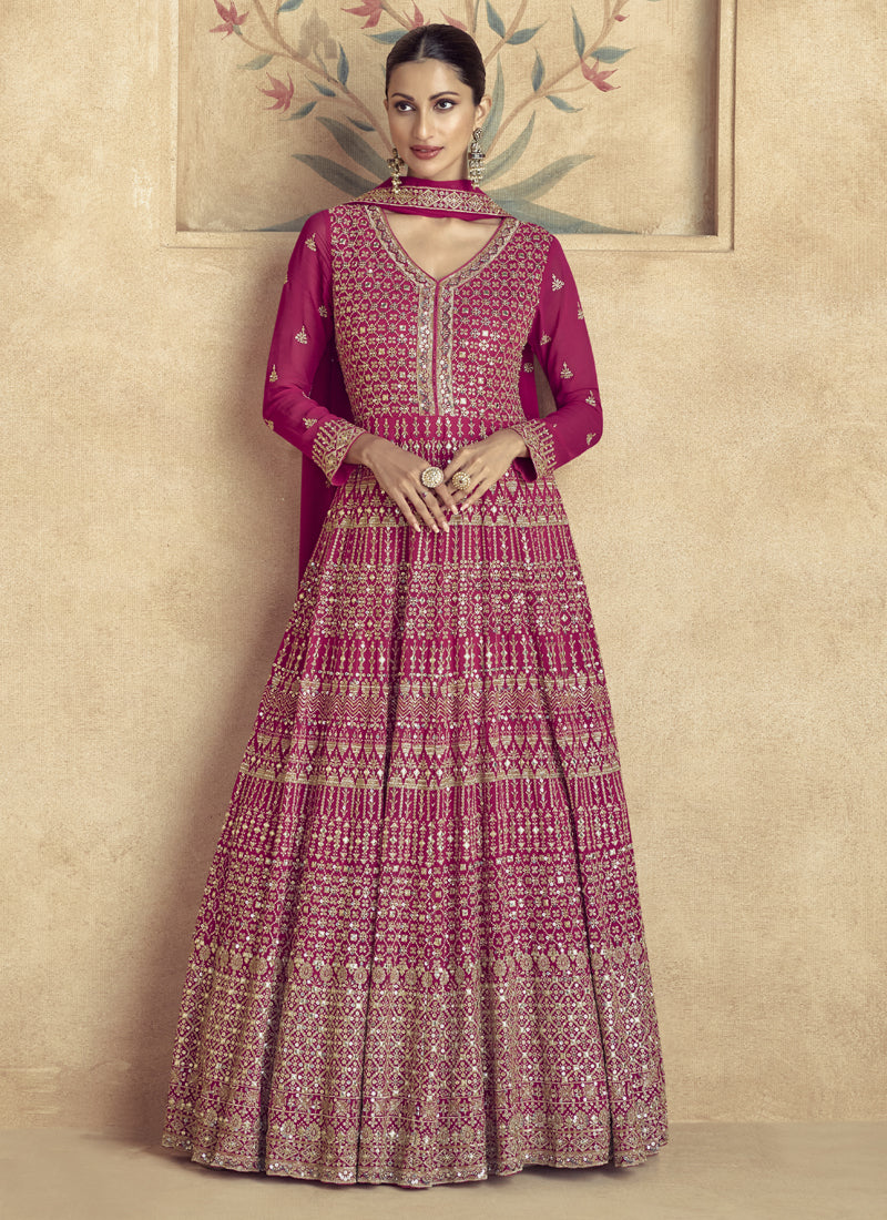 Vegaa Fashion Pink Real Georgette Embroidered Anarkali Suit | Grocsy
