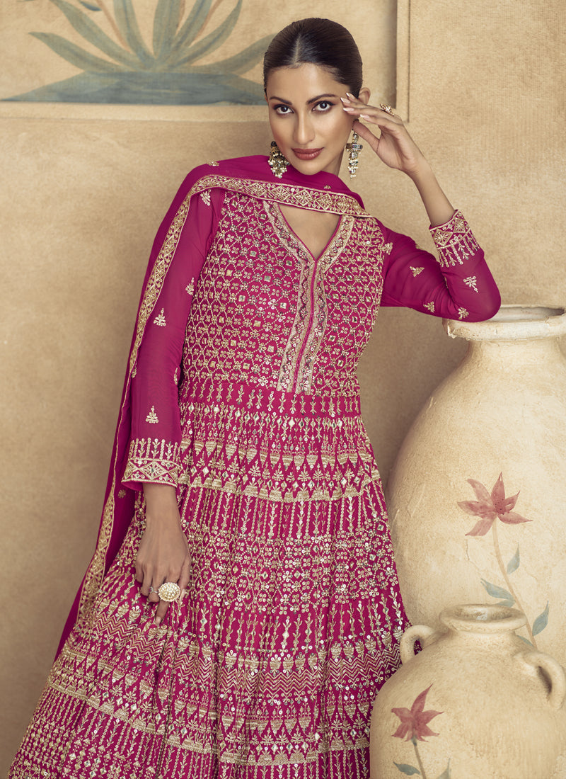 Vegaa Fashion Pink Real Georgette Embroidered Anarkali Suit | Grocsy