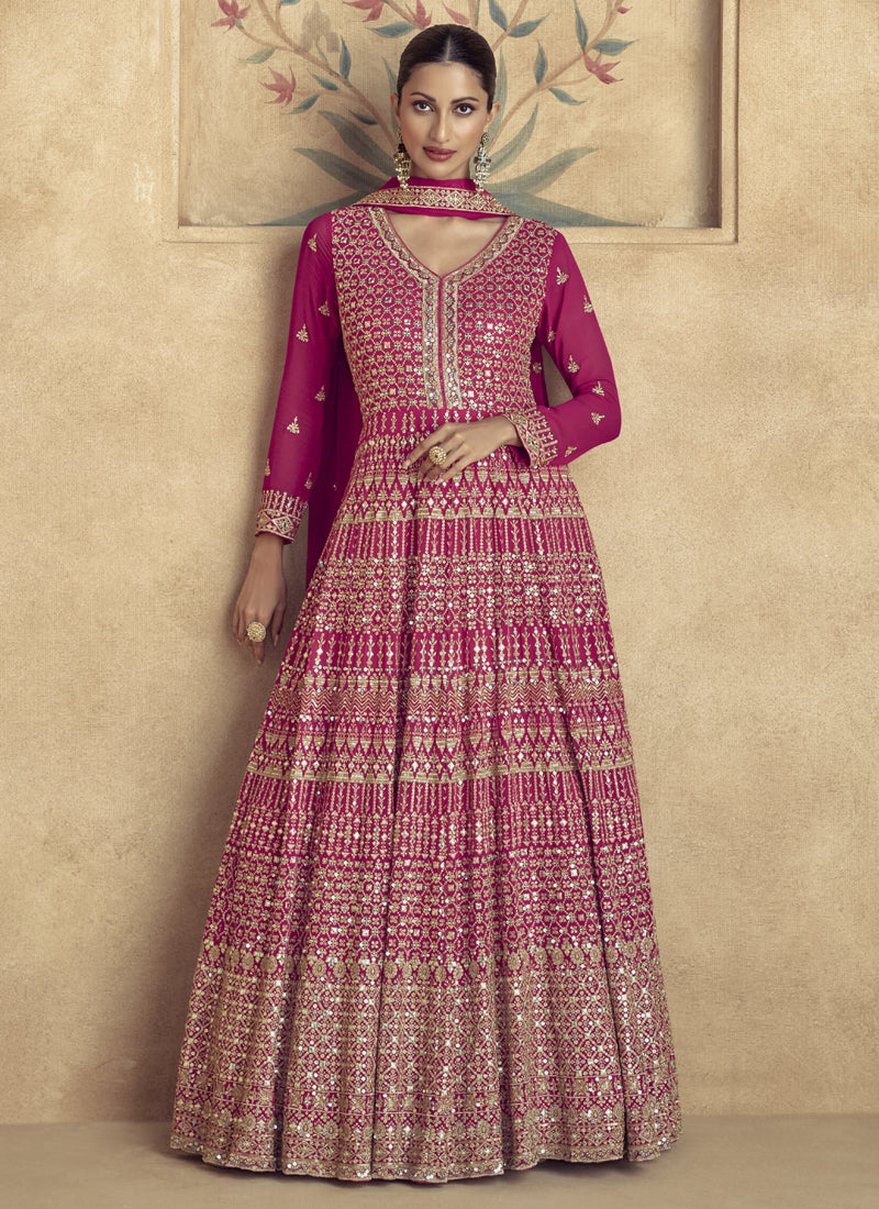 Vegaa Fashion Pink Real Georgette Embroidered Anarkali Suit | Grocsy