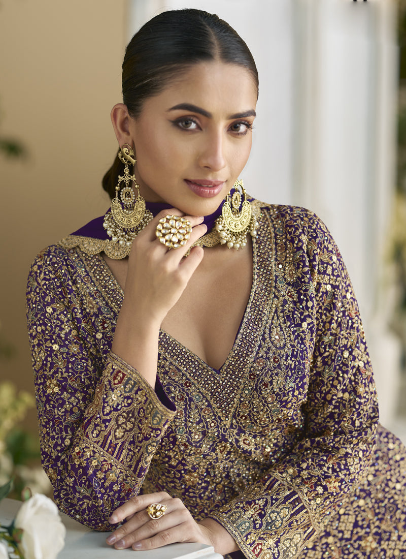 Vegaa Fashion Violet Real Georgette Embroidered Palazzo Suit | Grocsy