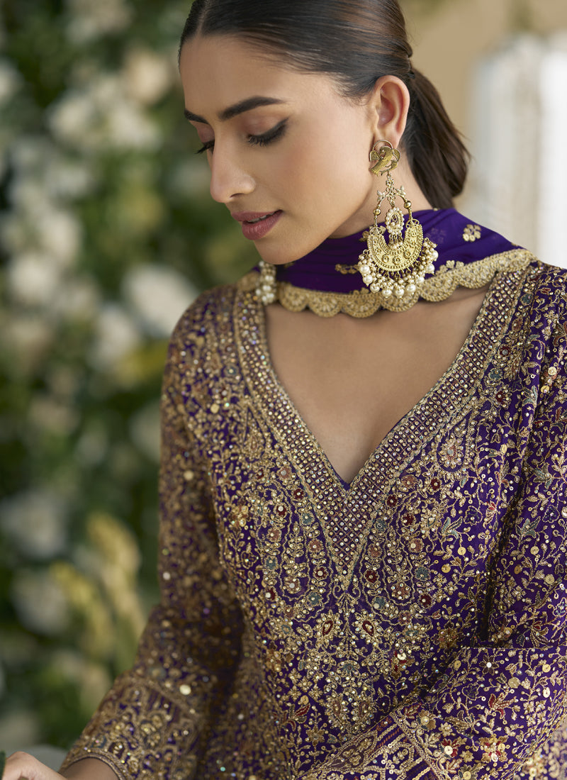 Vegaa Fashion Violet Real Georgette Embroidered Palazzo Suit | Grocsy