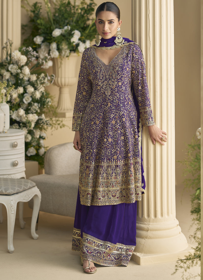 Vegaa Fashion Violet Real Georgette Embroidered Palazzo Suit | Grocsy