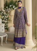 Vegaa Fashion Violet Real Georgette Embroidered Palazzo Suit | Grocsy