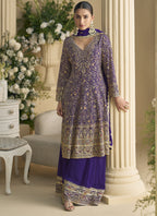 Vegaa Fashion Violet Real Georgette Embroidered Palazzo Suit | Grocsy