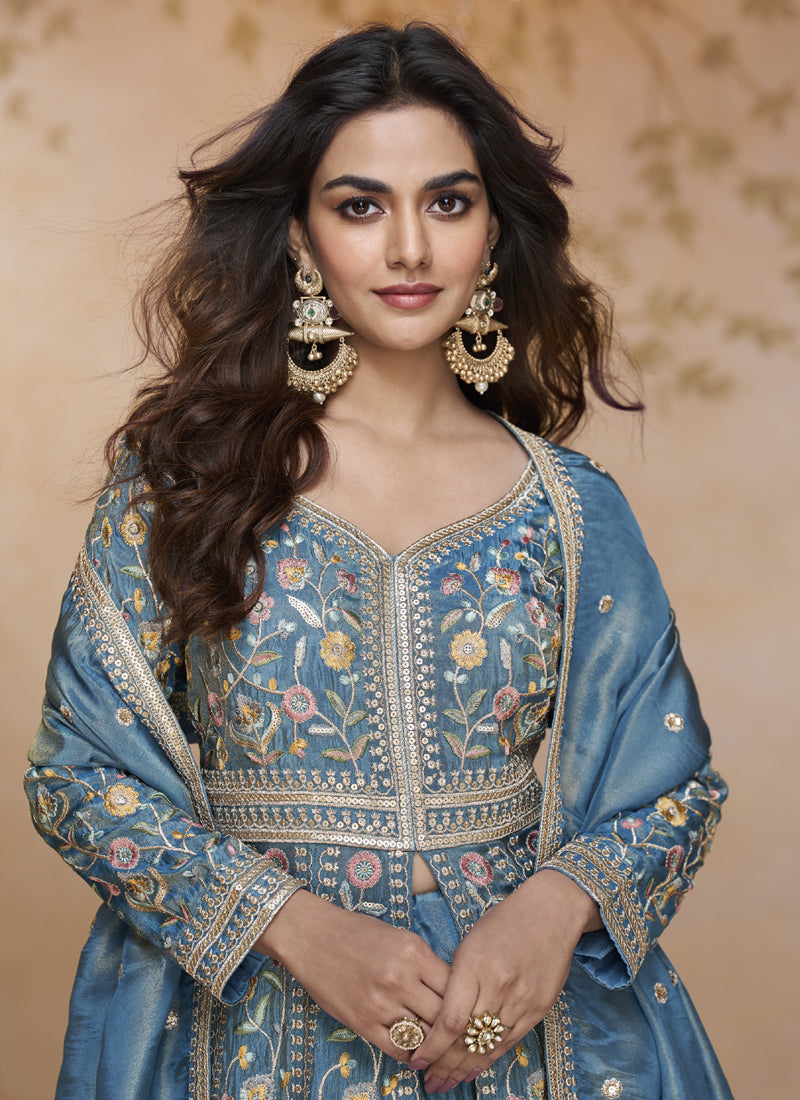 Vegaa Fashion Sky Blue Simar Silk Embroidered Wedding Wear Lehenga Style Suit | Grocsy