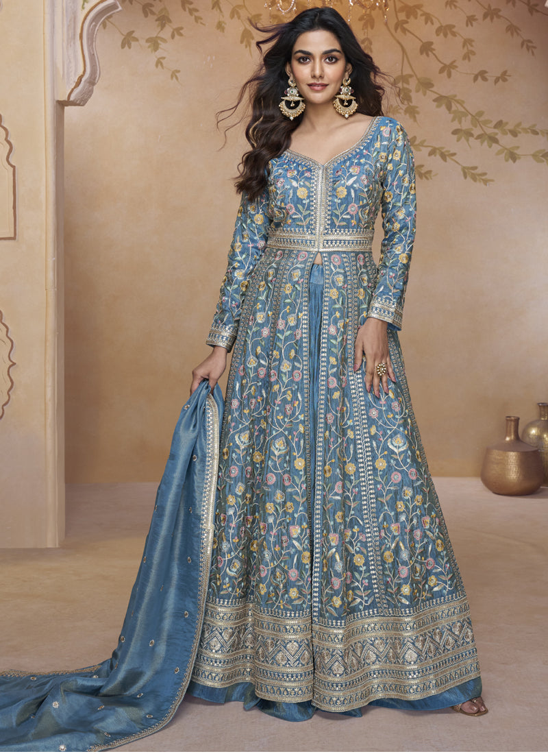 Vegaa Fashion Sky Blue Simar Silk Embroidered Wedding Wear Lehenga Style Suit | Grocsy