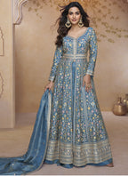 Vegaa Fashion Sky Blue Simar Silk Embroidered Wedding Wear Lehenga Style Suit | Grocsy