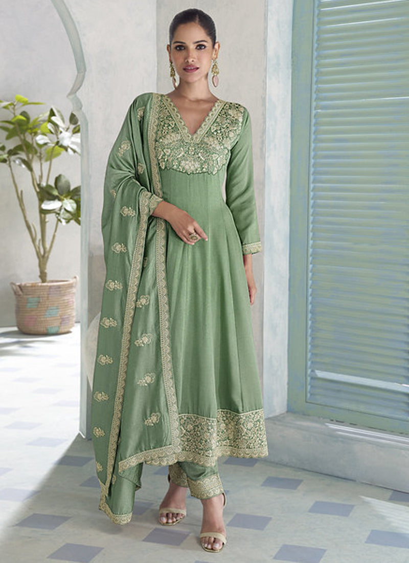 Vegaa Fashion Parrot Green Premium Silk Embroidered Sequence Anarkali Suit | Grocsy