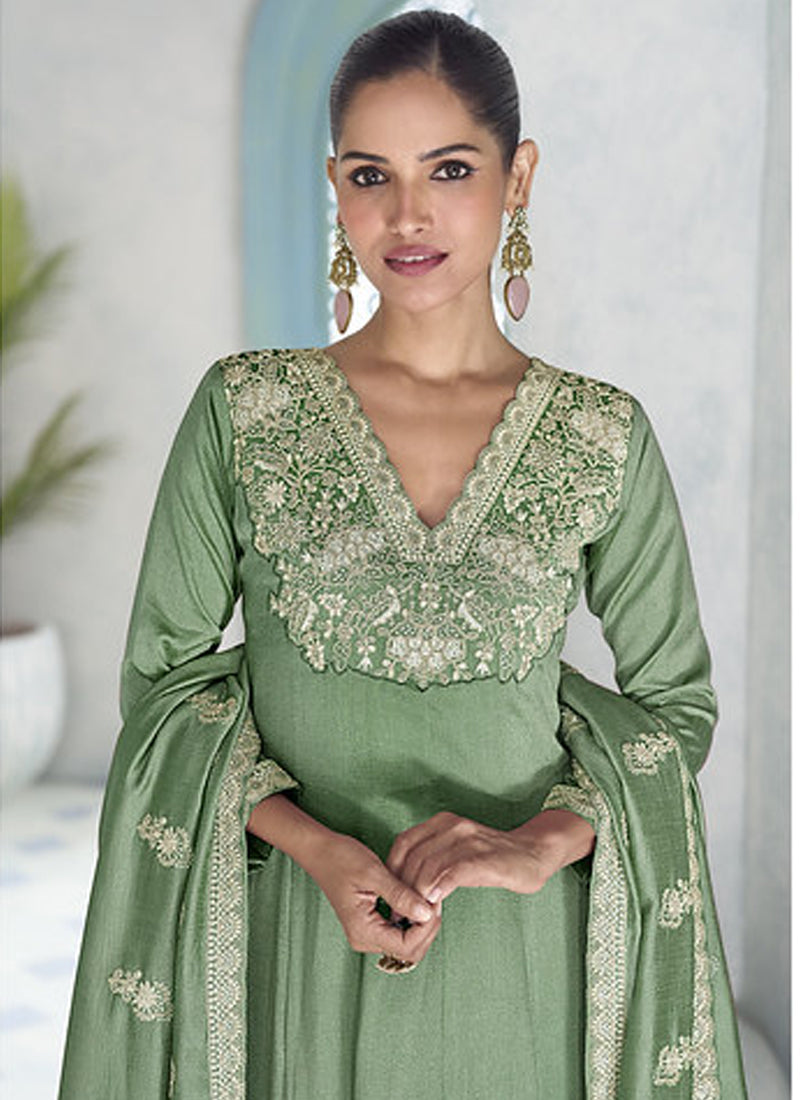 Vegaa Fashion Parrot Green Premium Silk Embroidered Sequence Anarkali Suit | Grocsy
