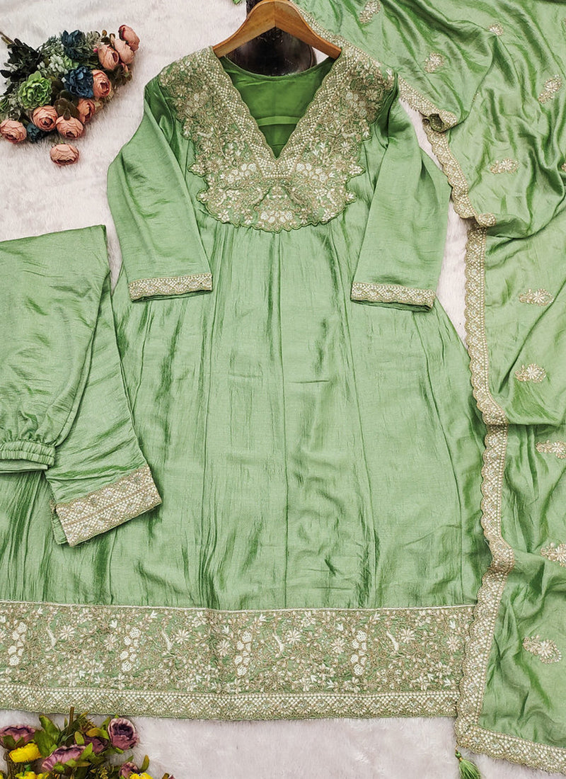 Vegaa Fashion Parrot Green Premium Silk Embroidered Sequence Anarkali Suit | Grocsy
