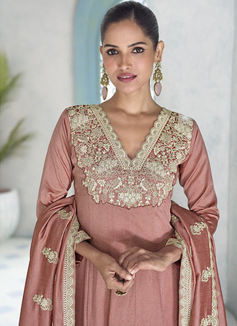 Vegaa Fashion Peach Premium Silk Embroidered Sequence Anarkali Suit | Grocsy