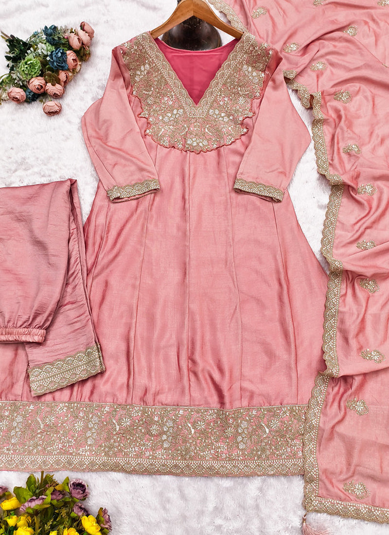 Vegaa Fashion Peach Premium Silk Embroidered Sequence Anarkali Suit | Grocsy
