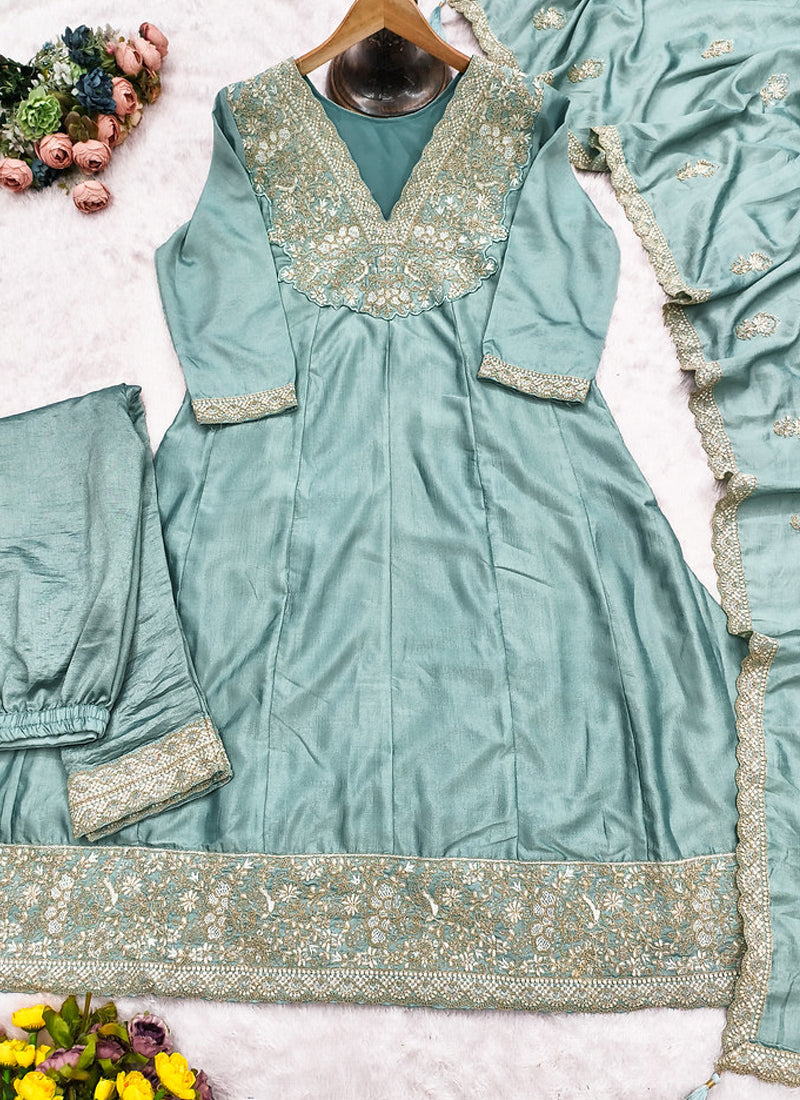 Vegaa Fashion Sky Blue Premium Silk Embroidered Sequence Anarkali Suit | Grocsy