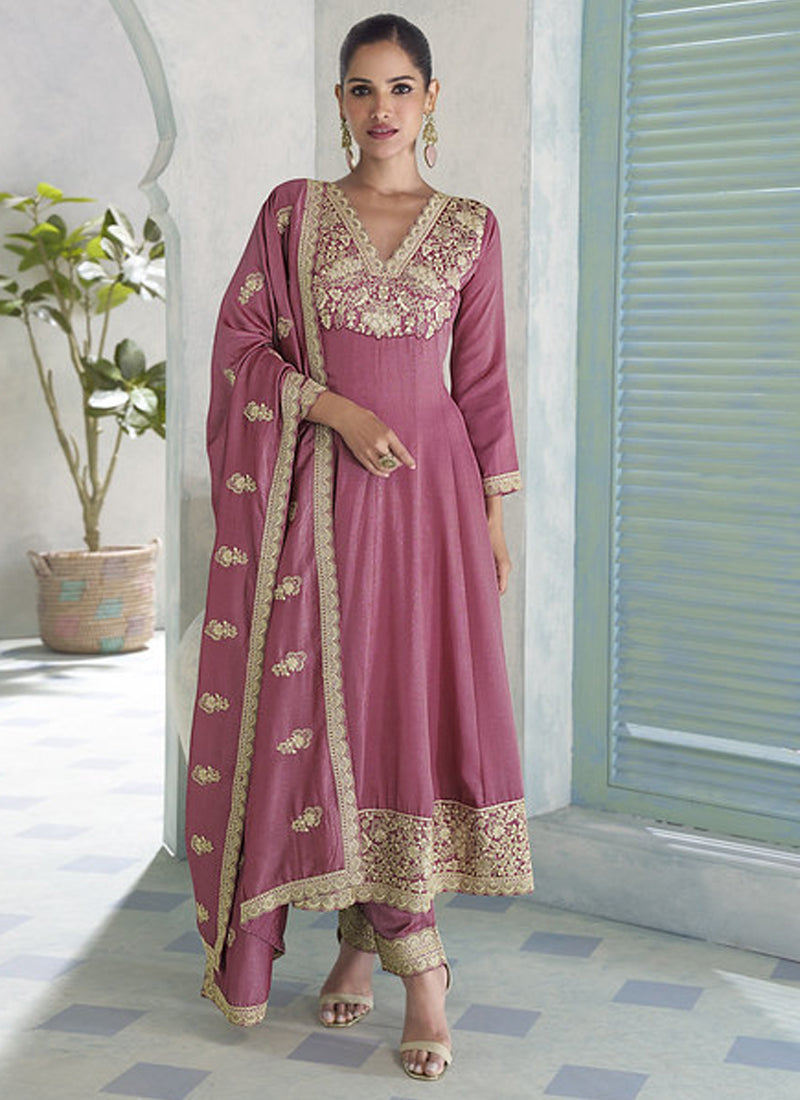 Vegaa Fashion Onion Pink Premium Silk Embroidered Sequence Anarkali Suit | Grocsy