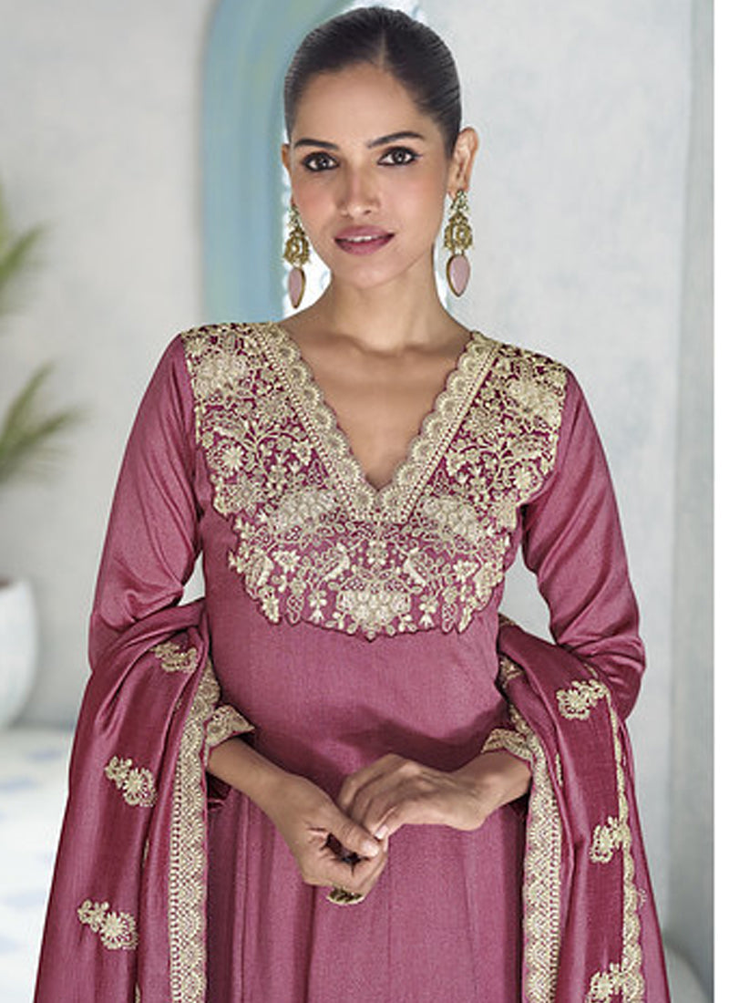 Vegaa Fashion Onion Pink Premium Silk Embroidered Sequence Anarkali Suit | Grocsy