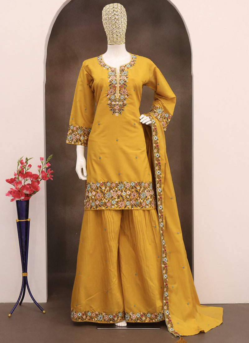 Vegaa Fashion Yellow Simar Silk Embroidered Palazzo Suit | Grocsy