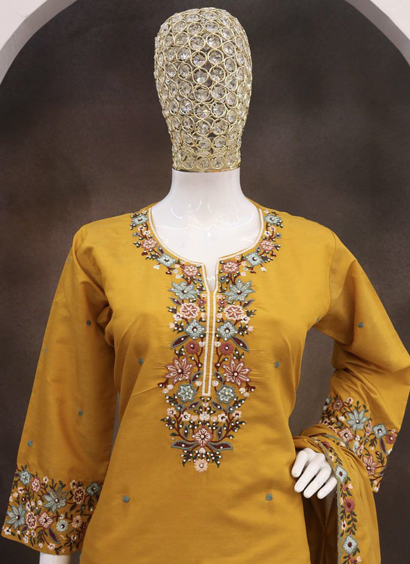 Vegaa Fashion Yellow Simar Silk Embroidered Palazzo Suit | Grocsy