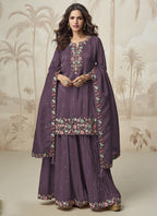 Vegaa Fashion Violet Simar Silk Embroidered Palazzo Suit | Grocsy